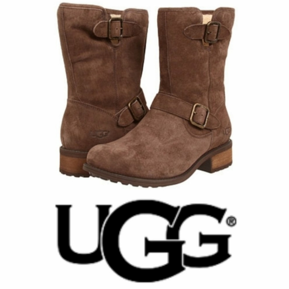 UGG Chaney Brown Suede Moto Buckle Mid Calf Shearling Boot